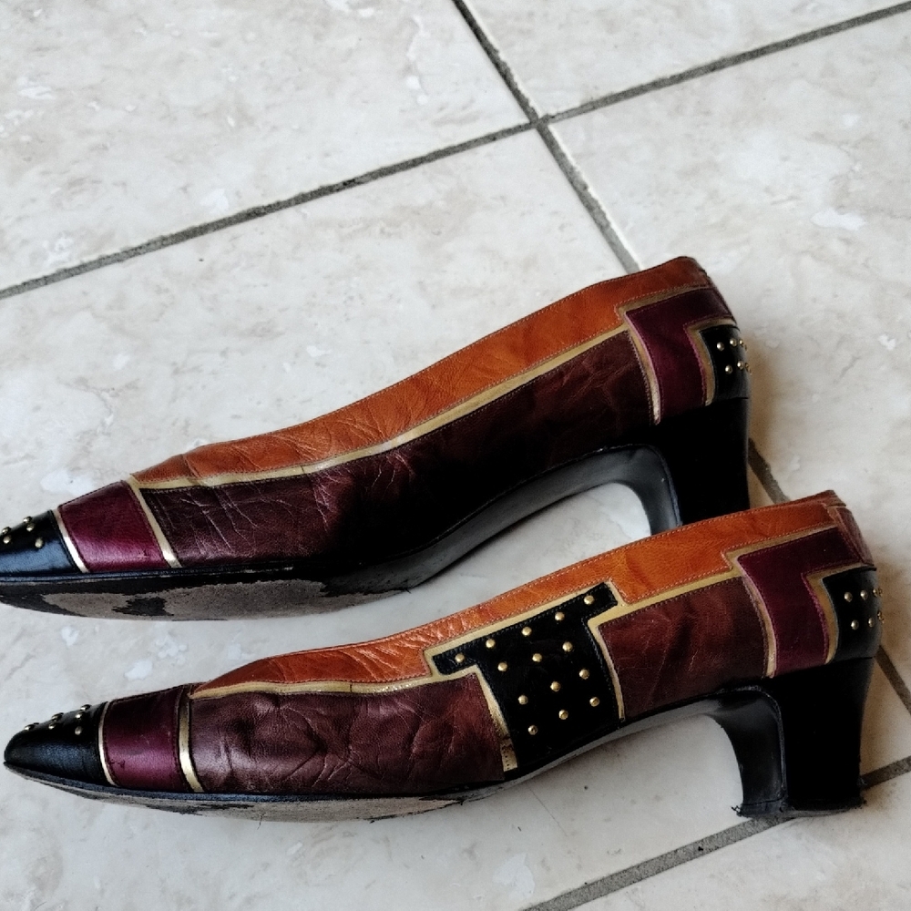 Vintage Jerrold Leather Patchwork Studded Pumps Womens Multicolor Low Block Heel - Picture 3 of 5